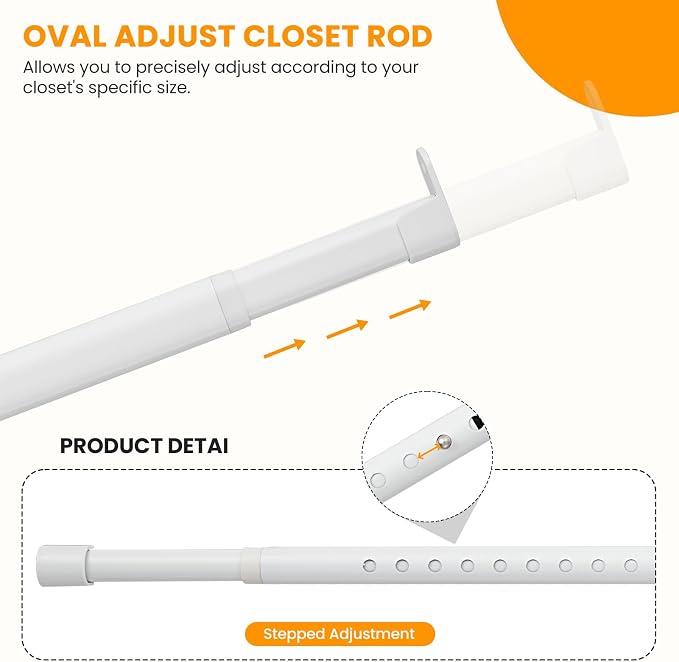 Oval Closet Rod for Hanging Clothes 18 to 40 Inch Adjustable Closet Rods 1 inch Diameter With End Supports White Poles Bar Closet Rod Expandable for Wardrobes