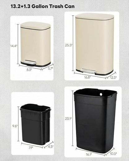 ComfyCorner 13.2+1.3 Gallon Trash Can Combo Set, Stainless Steel Garbage Bin with Pedal, Removable Inner Waste Bucket, Anti-Fingerprint, Soft-Close Locking Lid Dustbin for Kitchen, Bathroom, Office
