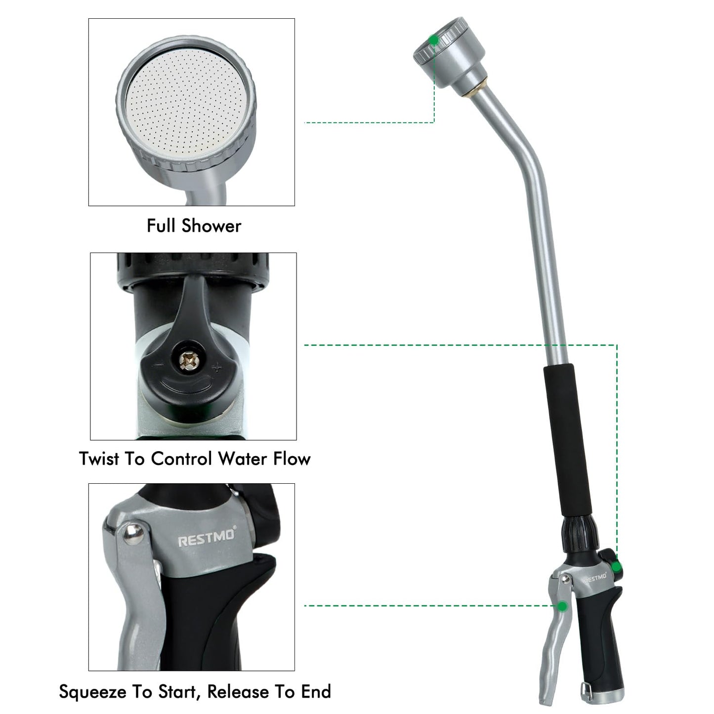 RESTMO Long Watering Wand, 24 Inches Gentle Soft Full Shower Sprayer Wand with Flow Control, Heavy Duty Metal Hose Wand for Hanging Baskets, Shrubs, Plants, Flowers, Garden and Lawn, Black