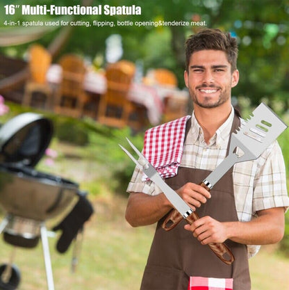 RINPIR 31pcs BBQ Grill Accessories Set for Men Dad, Heavy Duty Grilling Tools Gifts for Fathers Day, Stainless Steel BBQ Utensils Kit with Mats, Grill Brush in Carrying Bag Brown