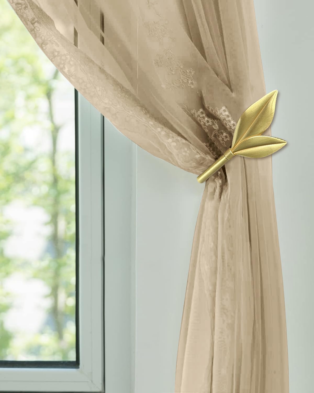 Gold Curtain Holdbacks 2 Pack, Metal Olive Leaf Curtain Tiebacks Wall Mounted, Curtain Holders for Wall, Curtain Pull Back Hooks, Decorative Curtain Side Hooks for Drapes and Curtains