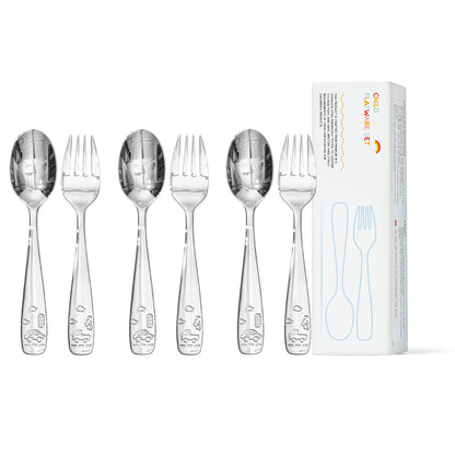 KINGSTONE 6 Pieces Toddler Utensils Set, 18/10 Stainless Steel Kids Silverware, 3 Forks & 3 Spoons, Food-Grade, Cute Car Design, Dishwasher Safe for Children Self-Feeding