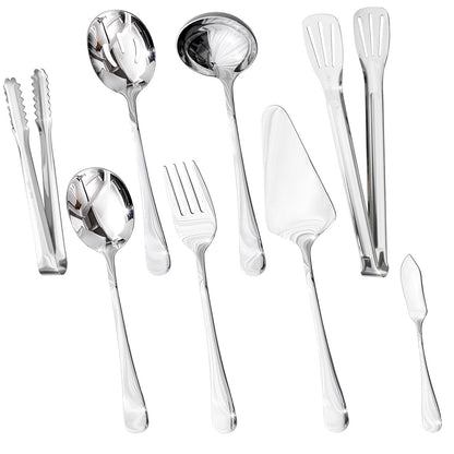 HIKAA 8PCS Serving Utensils Set, 18/10 Modern Serving Utensils Set for Kitchen, Stainless Steel Serving Utensils, Slotted Spoons, Forks, Tongs, Cake Server, Butter Knife for Buffet, Catering, Wedding