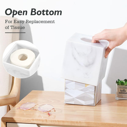 Luxspire Resin Paper Tissue Box Cover Holder, Square Facial Tissue Case, Pumping Paper Roll Toilet Paper Holder Napkin Dispenser for Office Bedroom Car Bathroom Vanity Accessories Decor, Marble White