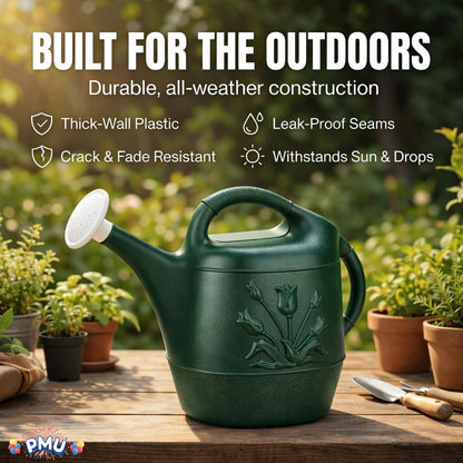 PMU 2 Gallon Watering Can - Garden Watering Can for Indoor & Outdoor Plants - Plastic Water Can with Detachable Sprinkler Head - Large Water Pot, Made in USA - Hunter Green Pkg/1