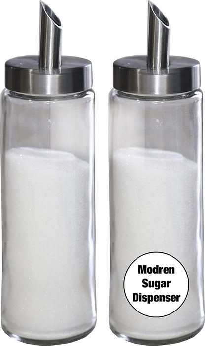 Neat Pour Sugar Dispenser, Shaker & Pourer - MODERN STYLE Brushed Nickel with Stainless Steel Lid, Dishwasher Safe for Sugar, Salt, Cocoa, Sprinkles. 8.4oz for coffee, tea, and baking (Pack of 2)