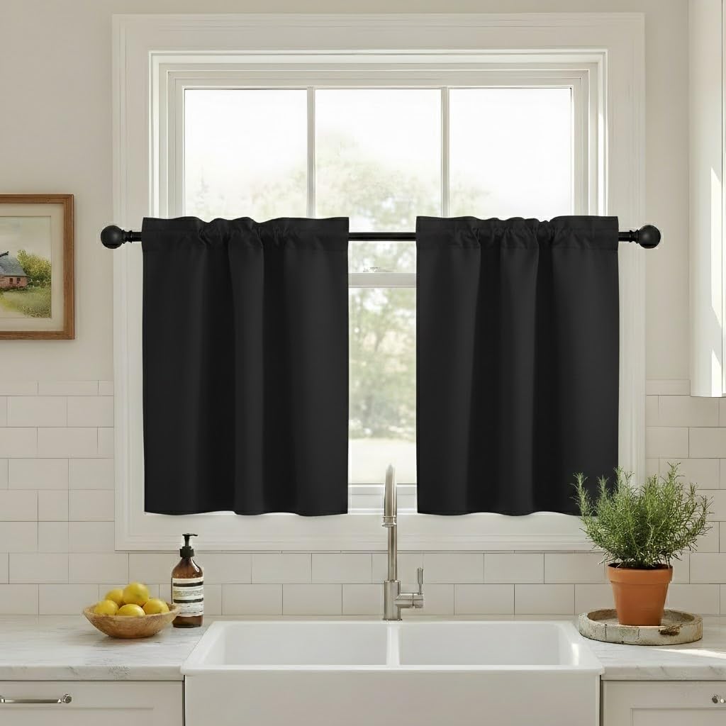NICETOWN Small RV Camper Window Curtains, Thermal Insulated Rod Pocket Privacy Curtain Tiers Soild Room Darkening Shades for Kitchen Cabinet Cupboard Closet Halloween, Black, W34 x L30 inches, 1 Pair