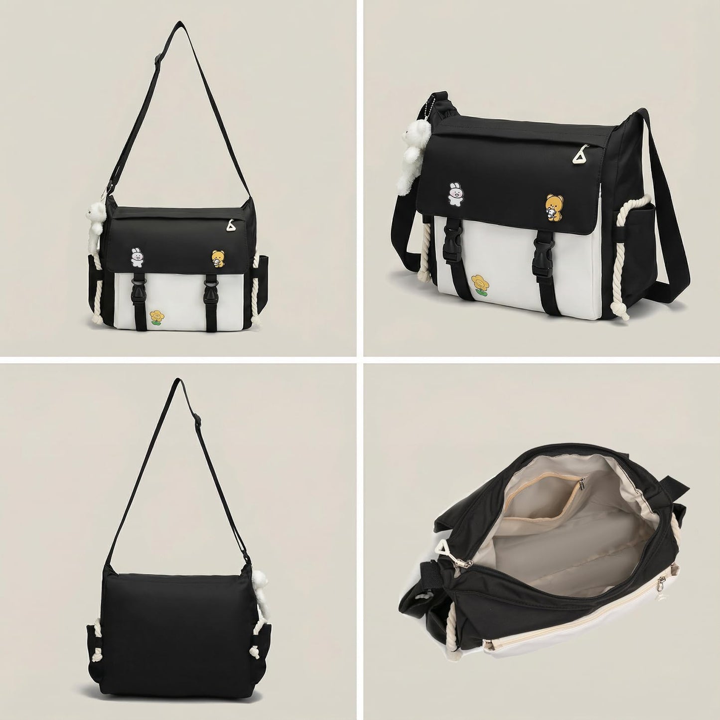 PRLINJSK Cute Messenger Bag for Teen Girls Women, Kawaii Crossbody Shoulder Purse with Pins and Stuffed Pendant Gift