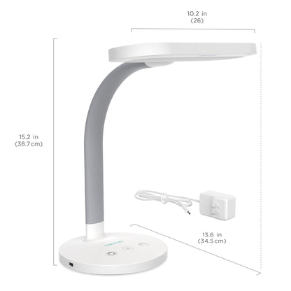 Verilux HappyLight Duo - 2-in-1 Light Therapy & Task Desk Lamp - UV-Free Full Spectrum LED, 10,000 LUX, Adjustable Brightness and Color, Flexible Gooseneck, and Integrated USB Charging Port