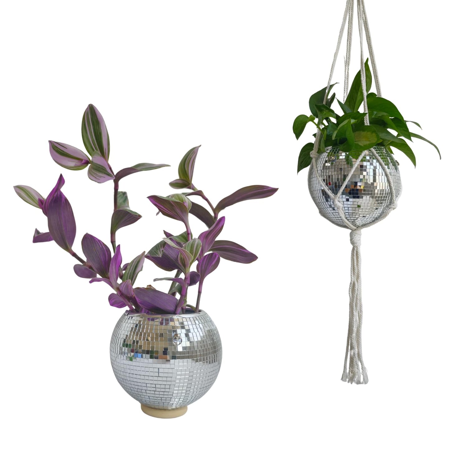 Disco Ball Hanging Plant Pots, Boho Silver Mirror Disco Planter with Chain Hook and Macrame Rope for Indoor Outdoor Decor and Wooden Stand for Desk,Self Watering Insert Pots