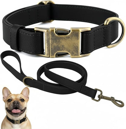 Silicone Dog Collar and Leash Set, Waterproof & Odor-Proof Puppy Collar for Small Dogs, Soft Flexible Leather-Look Dog Collars, Durable Thick Adjustable Pet Collar (Black, Small (11-15.5" Neck))