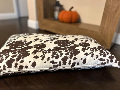 Natural Cotton Canvas Dog Bed – Raw Cotton Filled Pet Cushion Insert, Breathable Eco-Friendly Dog Mattress, Durable Washable Cover with Zipper (Cow Print Brown White, Small 36"x22"x3")