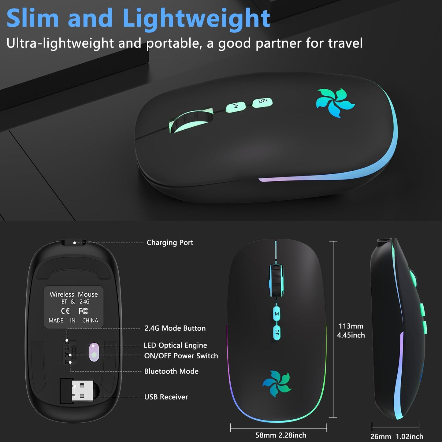 KARFUN Wireless Mouse, Backlit LED Portable Slim Computer Mouse for Laptop, PC, Computer, MacBook, iPad, Chromebook, Notebook, 2.4G Rechargeable Wireless Mouse (Black) (Black-Transparent Nose)