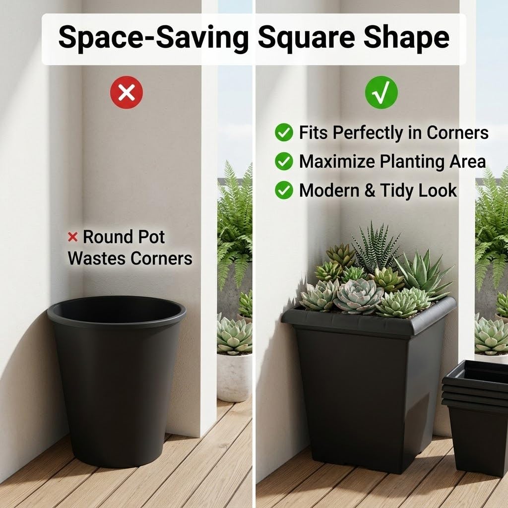 10 inch Square Planters - 4 Pack Deep 13 inch Plastic Plant Pot with Drainage Holes & Raised Feet, Matte Black 4 Gal Heavy Duty Thick Indoor Outdoor Flower Pot for Trees, Roses, Tomatoes