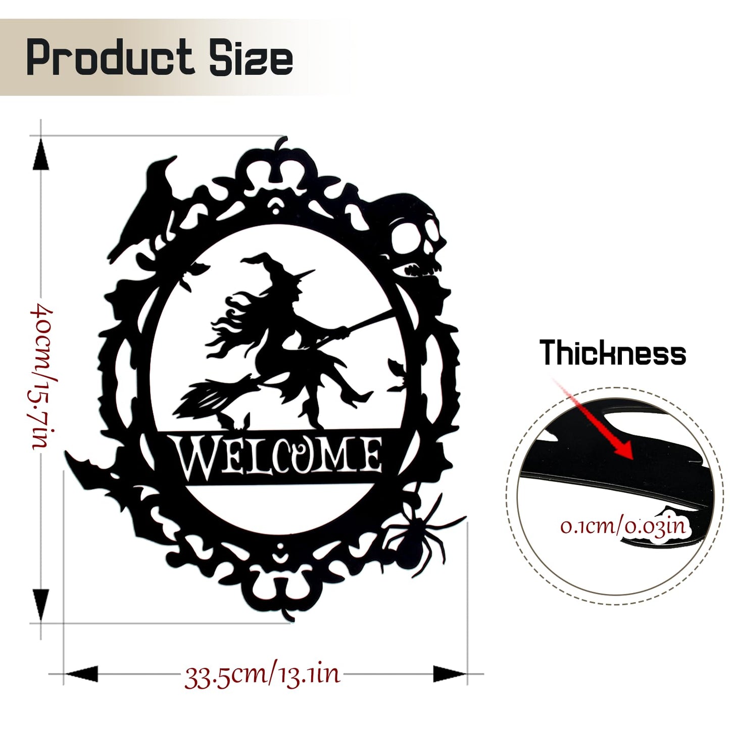 Gothic Witch Welcome Sign, Black Metal Wall Decor with Witch Design,15.63 x 12.6 inch, Indoor Outdoor Decorative Plaque