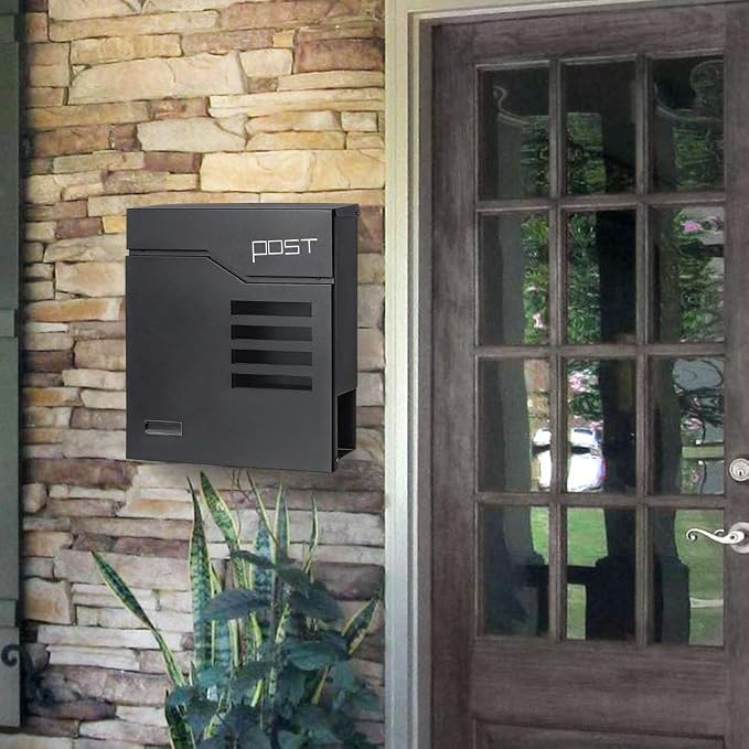 Jssmst Locking Mailbox Wall Mount- Waterproof mailboxes with Secure Key Lock and Newspaper Compartment, Key Lock Drop Box Extra Large Capacity, 12.9 x 4.1 x 14.2 Inch, SM-HPB938 Black New