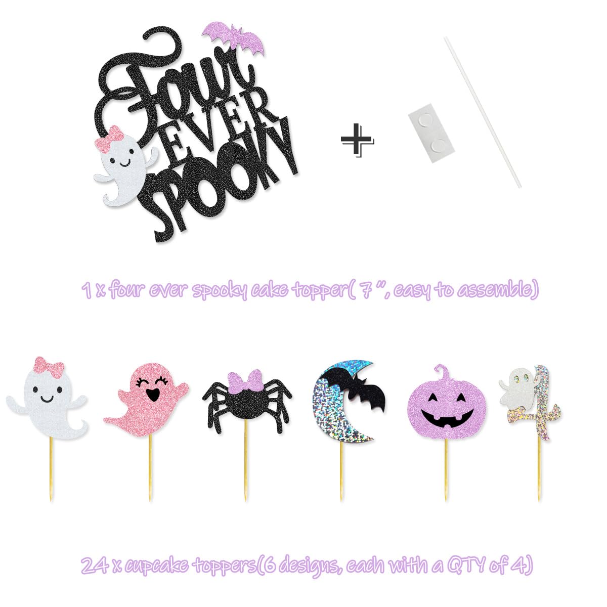 Four Ever Spooky Halloween Birthday Party Pack Four Ever Spooky Banner Cake Topper Ghost Bat Balloons for Girls' Pink and Purle Halloween 4th Birthday Party Decorations