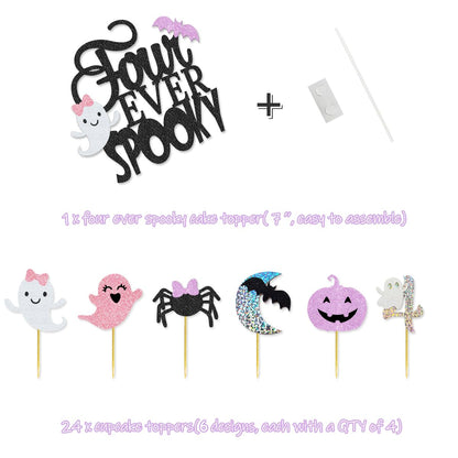 Four Ever Spooky Halloween Birthday Party Pack Four Ever Spooky Banner Cake Topper Ghost Bat Balloons for Girls' Pink and Purle Halloween 4th Birthday Party Decorations