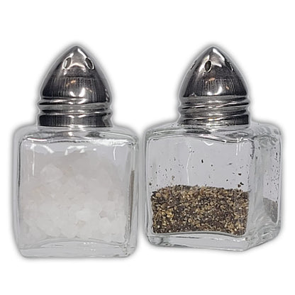 Pack of 4 Clear Glass Mini Cube Salt & Pepper Shakers with Stainless Tops and BONUS Easy Fill Funnel (Silver) by NetSellsIt