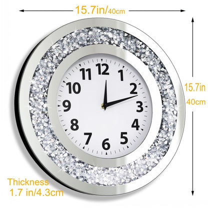 DMDFIRST Acrylic Glass Diamond Decor Round Clock, 15.7x15.7x1.7 Inches Silver Glass Round Decorative Clock, Silent Quartz Movement (No Second Hand), Modern Sparkle Home Decor (AA Battery Not Included)