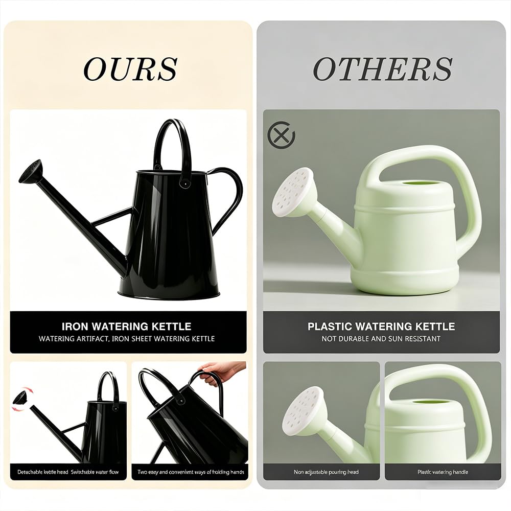 SunnyTong Metal Watering Can for Outdoor and Indoor Plants, Watering Can Decor, 1.5 Gallon（Black）