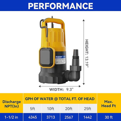 Acquaer 1HP Sump Pump Submersible 4345GPH Water Pump with Automatic Float Switch for Water Removal in Hot Tubs, Pools, Basements, and Garden Ponds
