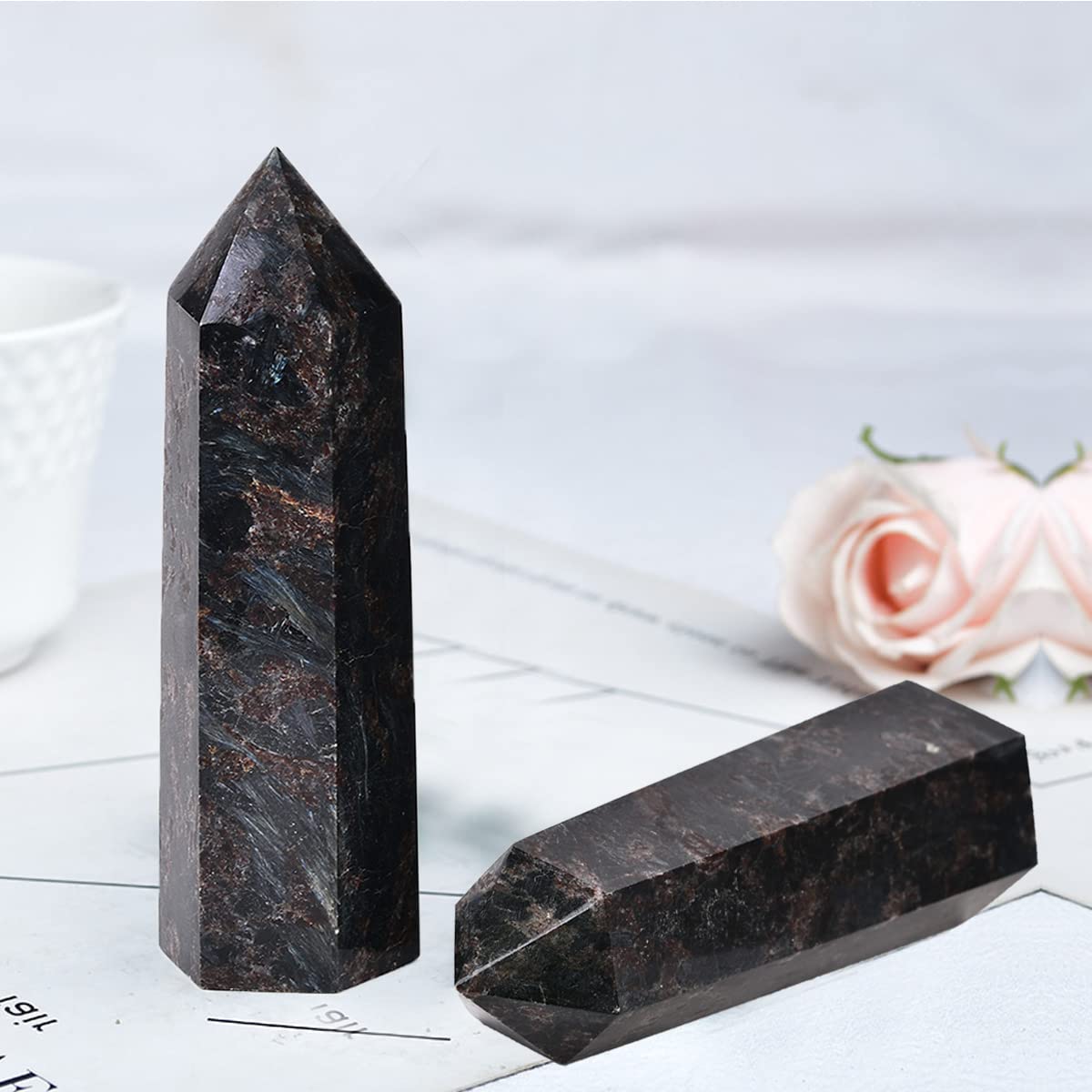 MOGEMT Large Astrophyllite Quartz Healing Crystal Tower Black Firework Stone Obelisk 6 Faceted Single Point Wand Reiki Chakra Meditation Therapy 1.5-2.0 LBS