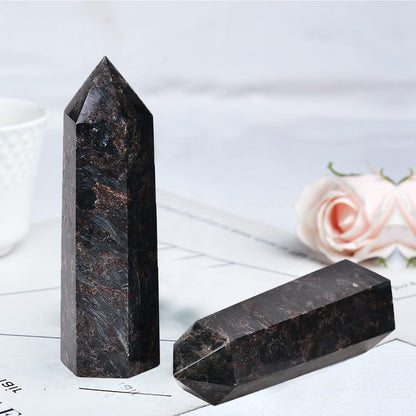 MOGEMT Large Astrophyllite Quartz Healing Crystal Tower Black Firework Stone Obelisk 6 Faceted Single Point Wand Reiki Chakra Meditation Therapy 1.5-2.0 LBS