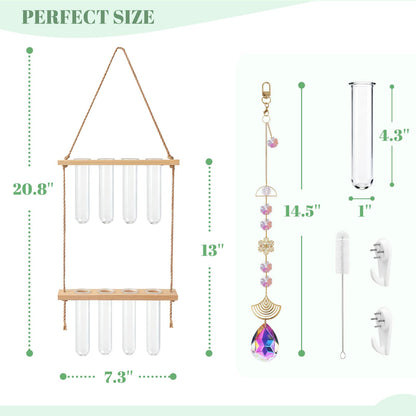 Hanging Propagation Stations with Crystal Suncatchers Glass Wall Planters for Indoor Plants Hydroponics, 2 Tiered Wooden Stand Mini Test Tube Flower Vase Glass Planter Stations for Home Decor (Beige)
