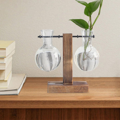 MAGICLULU 3pcs Hydroponic Propagation Glass Vase Set with Holes on Wooden Stand, High Borosilicate Glass Planter for Plant Terrarium and Indoor Gardening Decor