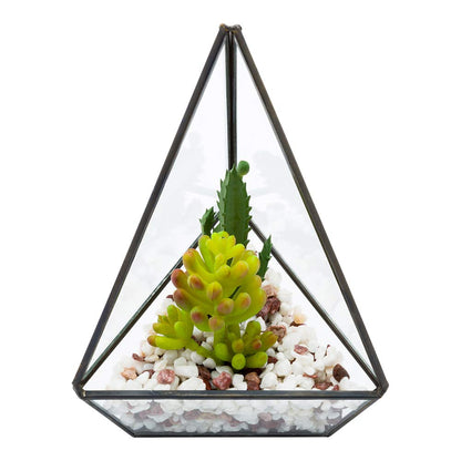 Restaurantware-8.5 x 5 x 3.5 Inch Faux Succulent, 1 Artificial Succulent - In Triangular Glass Terrarium, Use As Table Or Shelf Decor, Centerpiece, Black Plastic Fake Desk Plant, Geometric
