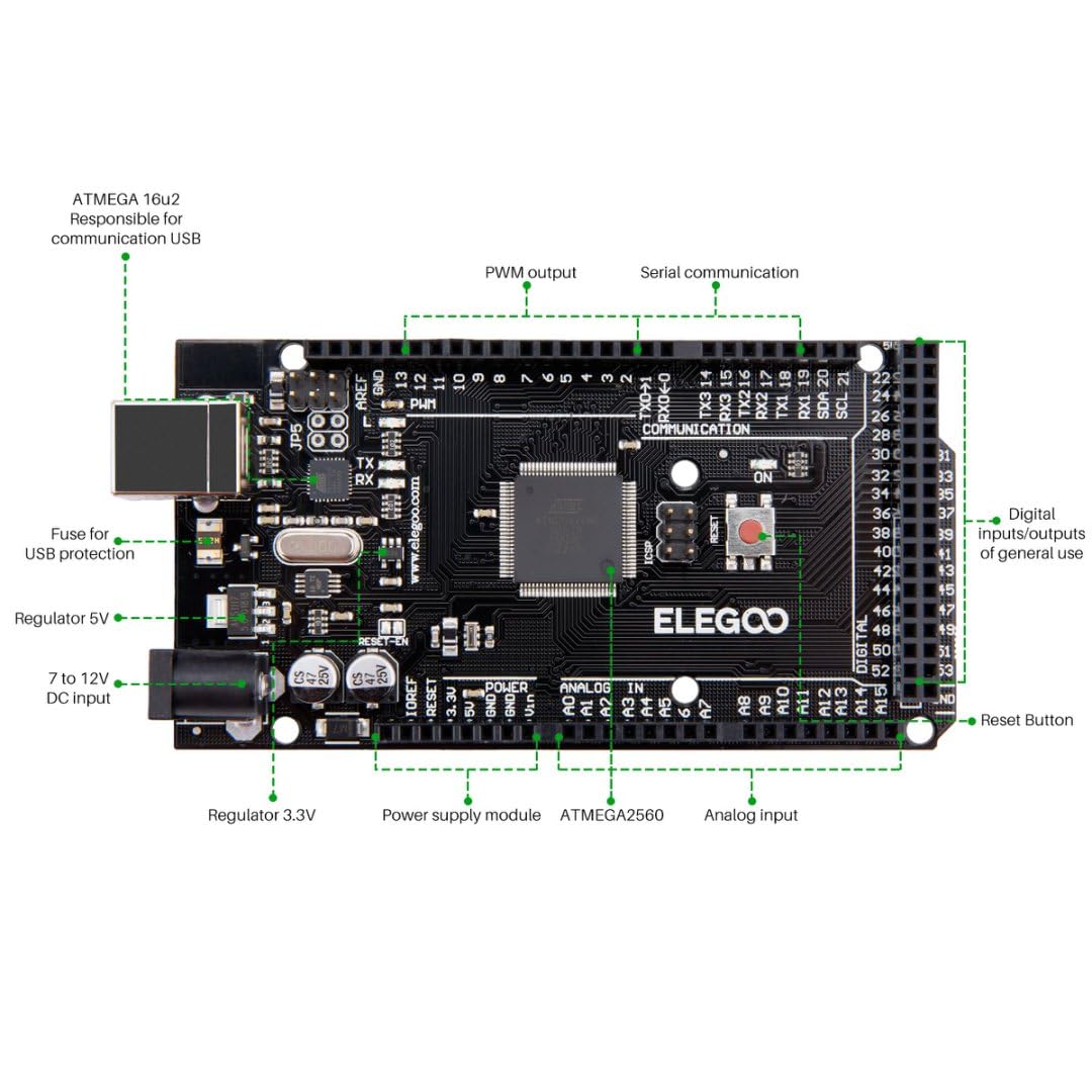 ELEGOO MEGA R3 Board ATmega 2560 + USB Cable Compatible with Arduino IDE Projects RoHS Compliant