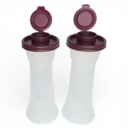 Tupperware Large Hourglass Salt and Pepper Shakers Clear Containers with Dark Vineyard Seals