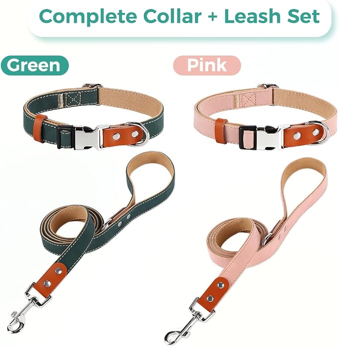 Dog Collar and Leash Set, PU Leather Dog Collar – Adjustable Eco-Friendly with Genuine Leather & Hemp, Soft Breathable Dog Collar Set for Small to Large Dogs (Green, L（15“-21”）)