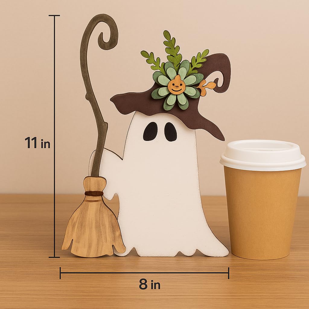 HH Family Halloween Table Decor Ghost Witch Rustic Wooden Decorations for Tiered Tray Shelf Mantel Party Display (Witch D1)