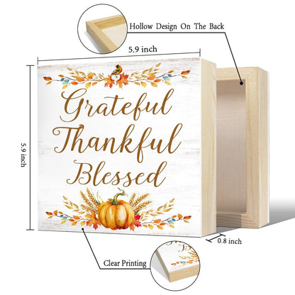 Sixrip Grateful Thankful Blessed Wooden Box Sign, Autumn Halloween Office Desk Decor for Coworker, Fall Pumpkin Wooden Box Sign Plaque for Home Shelf, Thanksgiving Birthday Gifts For Family Friend