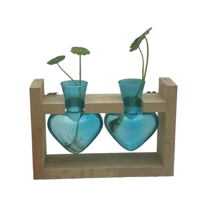SUNGOOYUE Heart Shaped Glass Vase, Plant Propagation Station with Wooden Stand for Home Garden Decoration, Hydroponic Terrarium for Women Mom