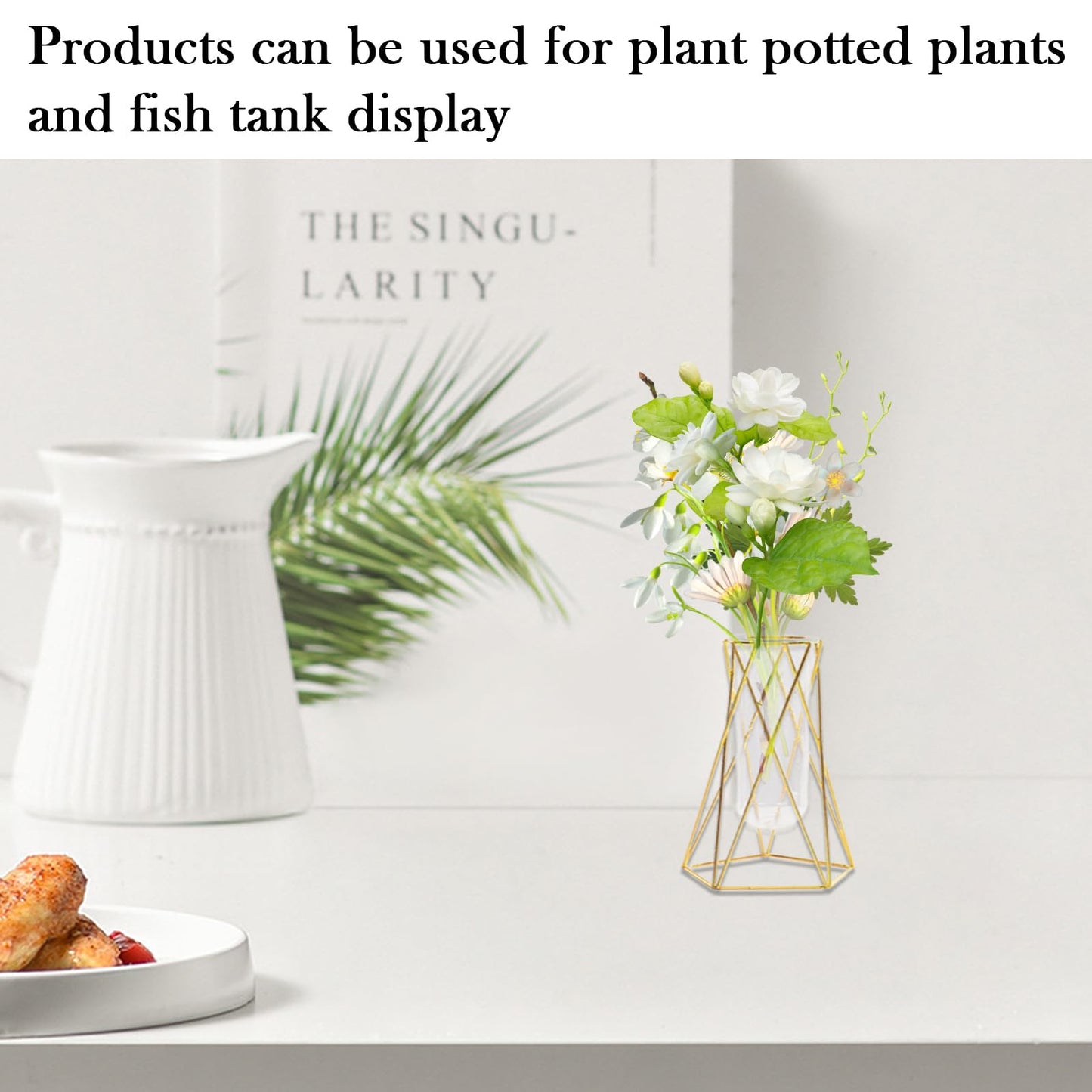 Hyuetrsa 8 Pcs Gold Geometric Vases for Centerpieces, 6.3 Inch Metal Flower Stand with Glass Vase Hydroponic Plant Test Tube Vases Modern Vase for Wedding Home Decor