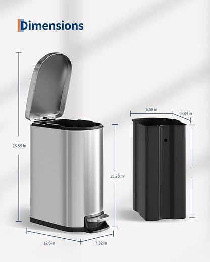 Garvee 13 gal (50 L) and 2.6 gal (10 L) Stainless Steel Trash Can Combo Set, Rustproof Garbage Can with Lid for Kitchen and Bathroom, Step-on Trash Bin with Inner Bucket, Rear Handle, Silver