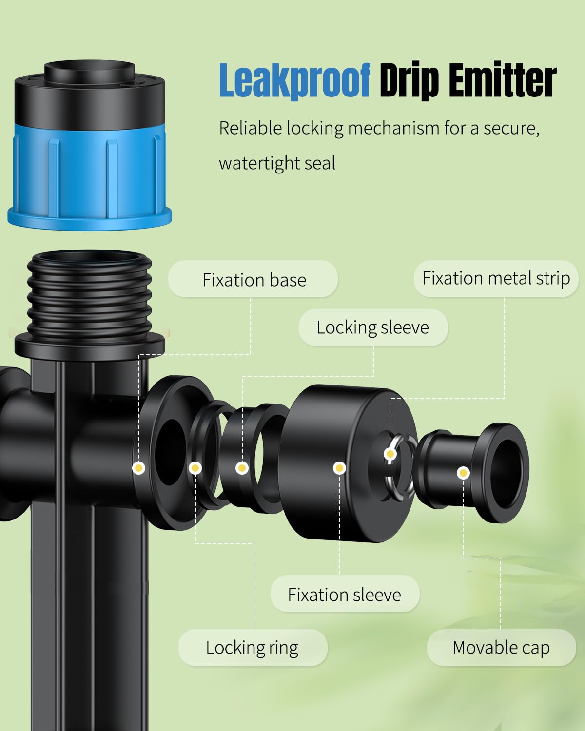 Pawfly 60 Pcs Push-to-Fit Drip Irrigation Emitters for 1/4 Inch Tubing with Stake & End Plugs, Two-Way Connection Irrigation Drippers, Drip Emitters Sprayers with Adjustable 360 Degree Water Flow