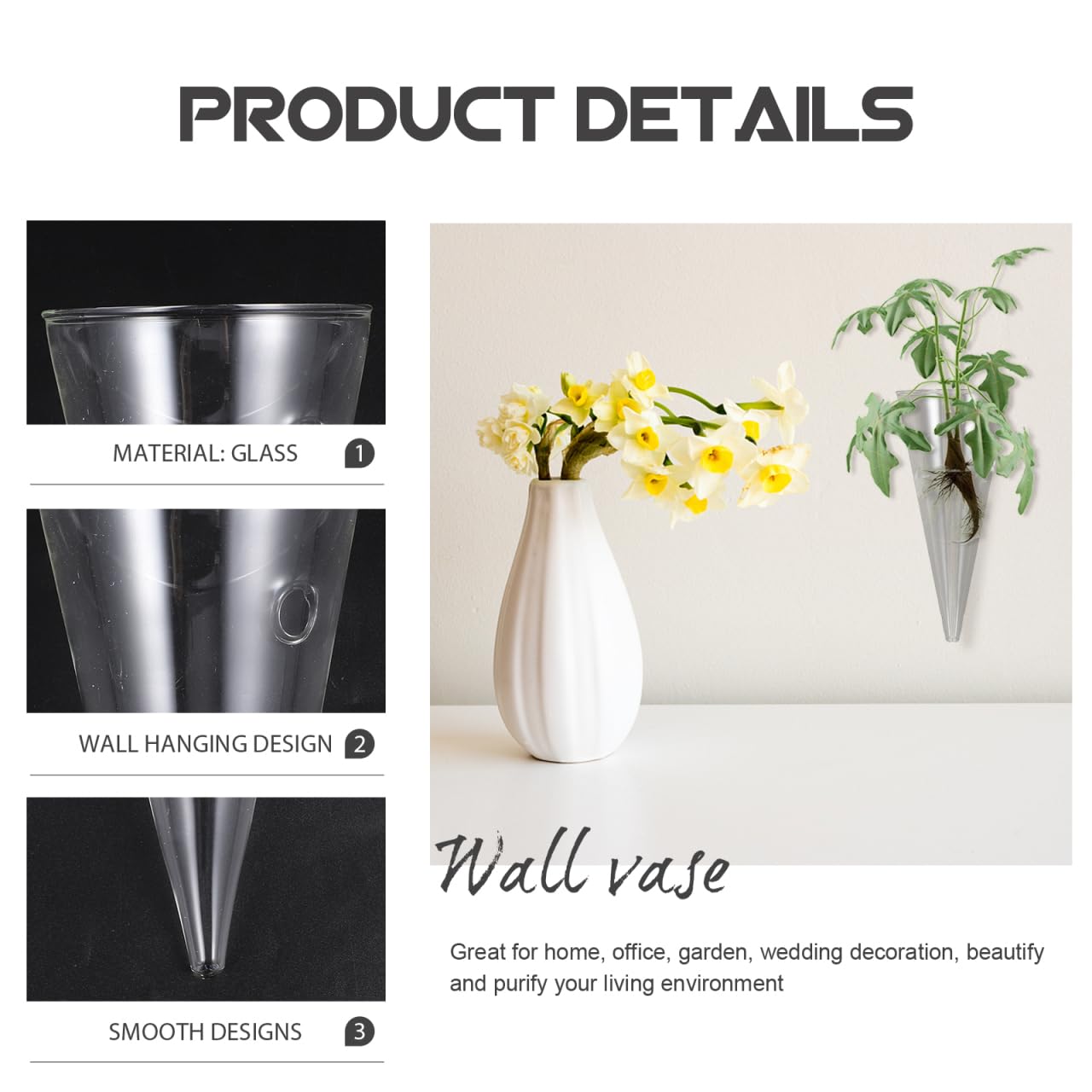 GOOHOCHY Hanging Wall Vase Glass Planter Hydroponic Flower Bottle Cone Shape Clear Glass Plant Holder for Home Office Balcony Indoor Decoration
