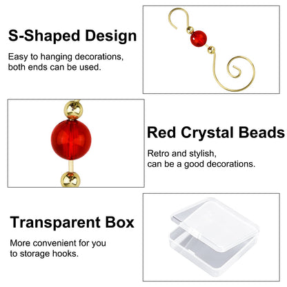 INCREWAY Wire Ornament Hooks, 30 Pcs Gold S-Shaped Christmas Tree Hanger Hooks Metal Decoration Hooks with Red Round Crystal Beads for Party, Home Decor (Gold Hook & Red Bead)