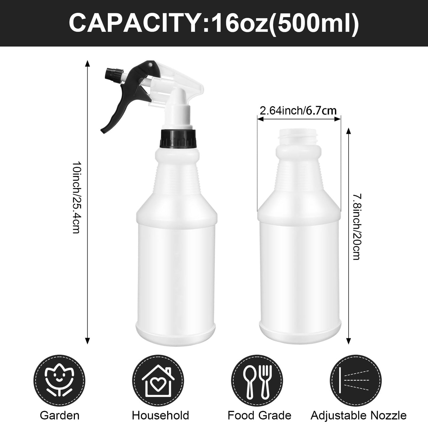Eccliy 12 Pcs 16 Oz Plastic Spray Bottle, Adjustable Empty Reusable Sprayer for Cleaning, Planting, Water, Bathroom and Kitchen, BBQ, Commercial and Residential (Original,Black&white)