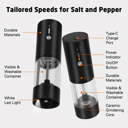 118ml Large Capacity Electric Salt,Pepper and Spice Grinder,USB-C Rechargeable Automatic Mill with 15 Precise Settings, LED Light, Premium Matte Black Kitchen Gadget [Single Pack]