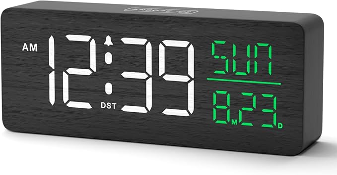 Peakeep Wooden Digital Alarm Clock Large Display, Textured Decoration for Bedroom, Living Room, Plug in Clock with Time Date Day, 5 Brightness, Auto DST