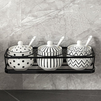 Ceramic Spice Jars Porcelain Condiment Jars Set with Spoon and Lid Condiment Pots for Salt, Sugar, Pepper Seasonings Set of 3 (Black Wall Mounted Rack)