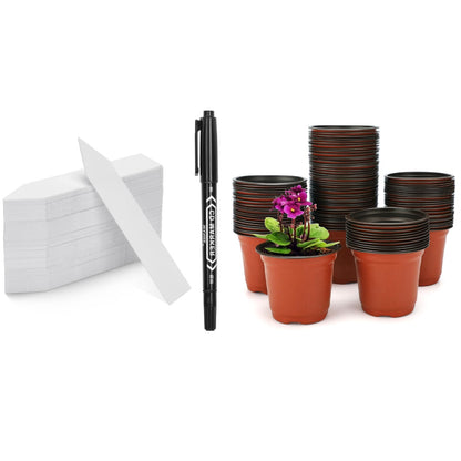 KINGLAKE 100 Pcs 4 Inch Plastic Plant Labels with Permanent Marking Pen with 100 Pcs 4" Plastic Plants Nursery Pot