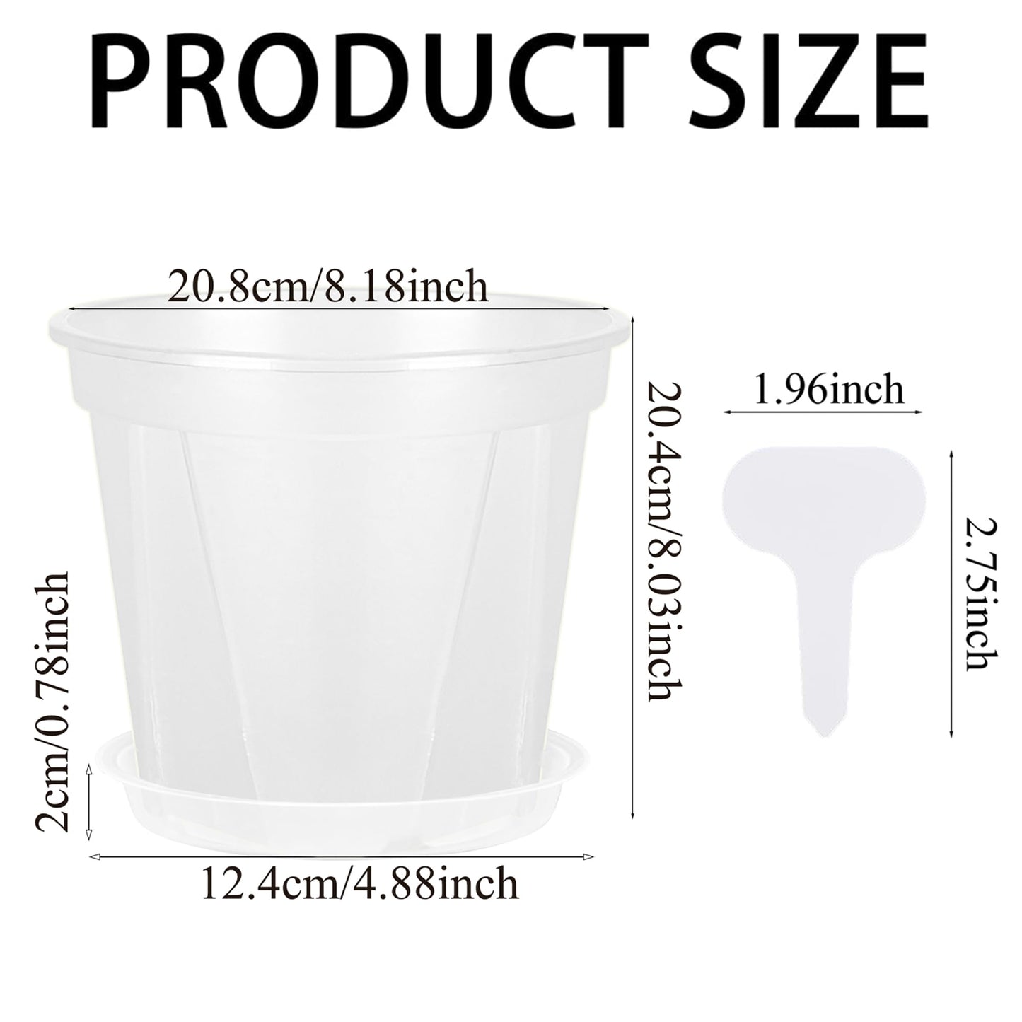 AUGXIXI 5 Sets 8 Inch Transparent Plastic Garden Pots Planter with Saucer Plant Planter Drainage Hole Plastic Pots for Plants Indoor and Out Door House Plants with 10pcs Plant Labels