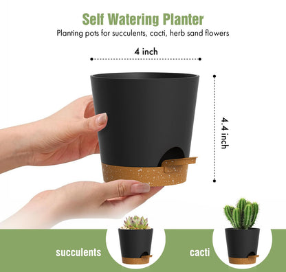 WSMKSZ 4 inch Self Watering Pots for Indoor Outdoor Plants, 6 Pack Plastic Flower Planters with Drainage Holes and Removable Saucers, Plant Pots with Wicking Rope, Modern Decor, Black Brown