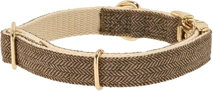 Luxury Soft Cotton Tweed Fabric Dog Collar & Leash Set with Gold Buckle – Durable Fabric, Stylish Design for Everyday Walks(Small Coffee)